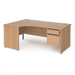 Dams International Left Hand Ergonomic Desk with 2 Lockable Drawers Pedestal and Beech Coloured MFC Top with Graphite Panel Ends and Silver Frame Corn