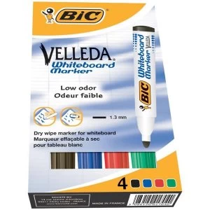 Bic Velleda 1701 Dry Wipe Bullet Tip Whiteboard Marker Pen Assorted Colours Black Blue Red Green Pack of 4 Markers