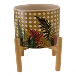 Fernology Ceramic Candle Pot with Wooden Stand, Wicker Fern Design