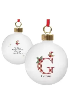 Personalised Initial Little Robin Bauble - White