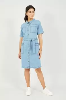 Blue Stretch Denim Utility Shirt Dress