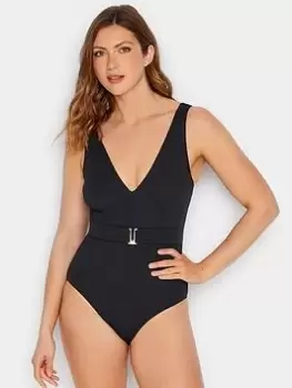 Long Tall Sally Black Belted Textured Swimsuit, Black, Size 20, Women