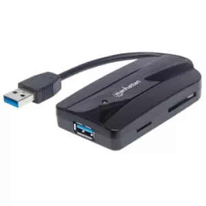 Manhattan USB-A 3-Port Hub and Card Reader/Writer 3x USB-A Ports 5 Gbps (USB 3.2 Gen1 aka USB 3.0) Supports MicroSD SD and MMC Memory Cards Bus Powere