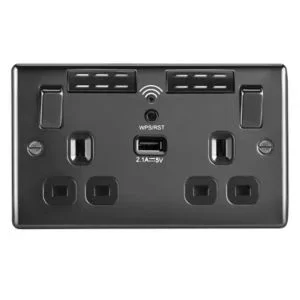 Bg Black Nickel 13A Raised Slim Switched Double WiFi Extender Socket With Usb