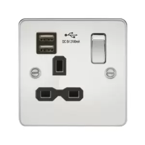 Flat plate 13A 1G switched socket with dual usb charger (2.1A) - polished chrome with Black insert - Knightsbridge