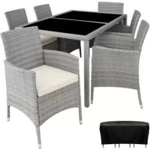 Rattan garden furniture set 6+1 with protective cover - garden tables and chairs, garden furniture set, outdoor table and chairs - light grey/cream