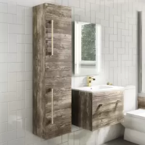 350mm Wood Effect Wall Hung Tall Bathroom Cabinet with Brushed Brass Handles - Ashford