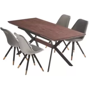 5 Pieces Life Interiors Sofia Blaze Dining Set - an Extendable Walnut Rectangular Wooden Dining Table and Set of 4 Dark Grey Dining Chairs - Dark Grey
