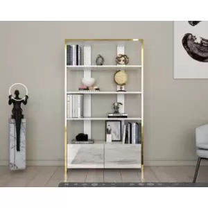 Elena 4-tier Bookcase with Two Cabinets White White Marble Effect - Decorotika