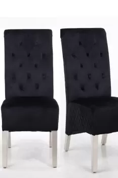 A Pair (x2) Velvet Tufted High Back Dining Chairs with Chrome Legs