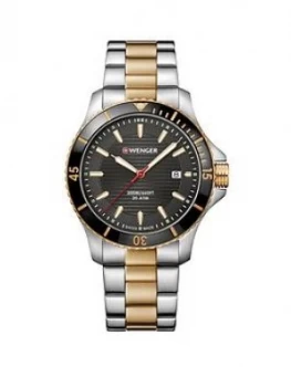 Wenger Swiss Made Seaforce Black and Gold Detail 43mm Date Dial Two Tone Stainless Steel Bracelet Mens Watch, One Colour, Men