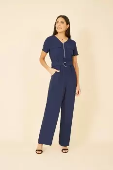 Navy Utility Jumpsuit With Zip And Belt Detail