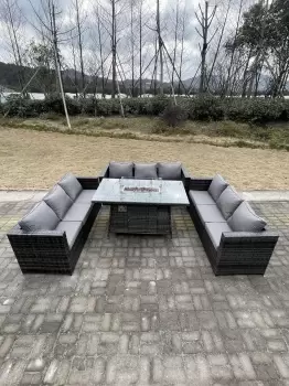 9 Seater U Shape Outdoor Lounge Rattan Sofa Set Garden Furniture Gas Firepit Set Dining Table Dark Grey