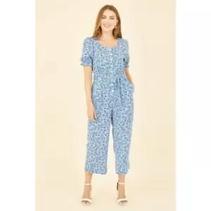 Yumi Blue Floral Puff Sleeve Jumpsuit - Blue
