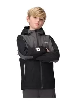Boys, Regatta Unisex Beamz III Waterproof Jacket with Sleeve Torch - Black/Grey, Black, Size 7-8 Years