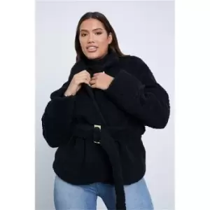 I Saw It First Black Belted Shawl Collar Borg Coat With Button Cuff Detail - Black