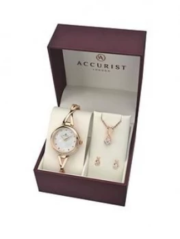 Accurist White Crystal Set Dial Rose Gold Stainless Steel Half Bangle Ladies Watch With Matching Necklace And Earrings Gift Set