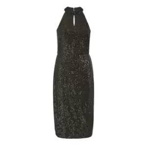 Yumi Black Sequin Halter Neck Midi Dress - Black