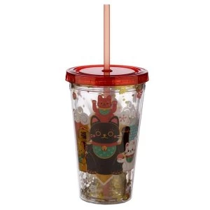Maneki Neko Lucky Cat Plastic 500ml Double Walled Reusable Cup with Straw and Lid