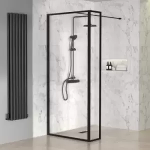 Black1400mm Framed Wet Room Shower Screen with Wall Support Bar & Return Panel - Zolla