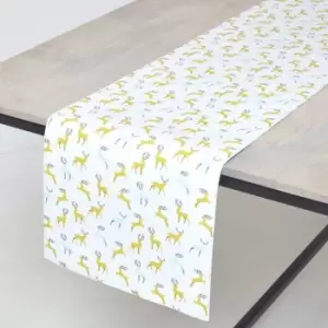 HOMESCAPES Majestic Stag Grey Christmas Table Runner 35 x 250cm - Grey & Yellow