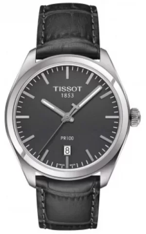 Tissot Mens PR100 Embossed Grey Leather Strap Grey Dial Watch