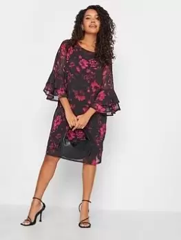 M&Co Floral Flute Sleeve Shift Dress, Black, Size 14, Women