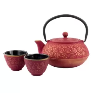 Gift Set with Shanghai Design Teapot 0.6L in Cast Iron Pink and Gold with 2 Cast Iron Cups
