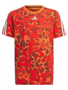 adidas Future Icons Junior Boys 3 Stripe All Over Print T-Shirt Ss, Dark Orange, Size 13-14 Years