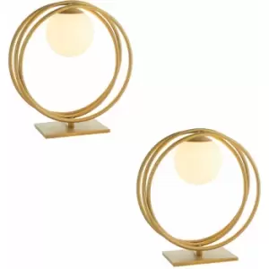 2 pack Brushed Gold Table Lamp - Gloss Opal Glass Shade - Circular Hoop Design