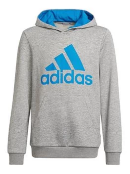 adidas Boys Big Logo Overhead Hoodie - Grey/Blue, Grey/Blue, Size 11-12 Years
