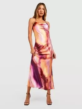 Boohoo Abstract Satin Cowl Slip Dress - Multi, Size 14, Women