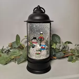 29cm Snowtime Christmas Water Spinner Antique Effect Lantern With A Snowman Family Dual Power