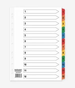 Index 1-12 A4 Card White with Coloured Mylar Tabs