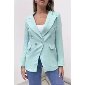 I Saw It First Aqua Blue Textured Military Button Double Breasted Blazer - Blue