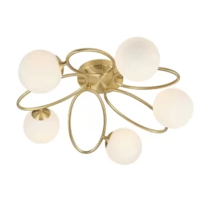 Ellipse Semi Flush 5 Light Lamp Satin Brass, Opal Glass Globe