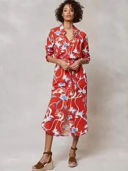 Mint Velvet Addison Floral Print Linen Midi Shirt Dress, Red, Size 18, Women