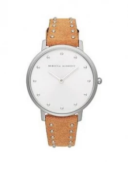 Rebecca Minkoff Rebecca Minkoff White and Silver Detail Dial Brown Studded Leather Strap Ladies Watch, One Colour, Women