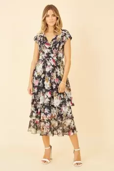 Navy Floral Tiered Midi Dress