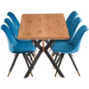 7 Pieces Life Interiors Sofia Blaze Dining Set - an Extendable Oak Rectangular Wooden Dining Table and Set of 6 Blue Dining Chairs - Blue
