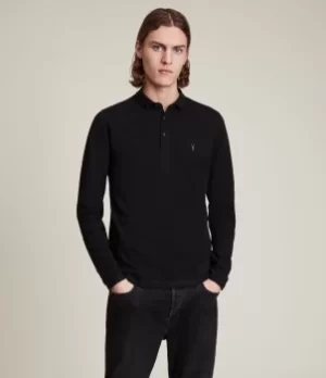 AllSaints Mens Cotton Slim Fit Reform Long Sleeve Polo Shirt, Black, Size: XS