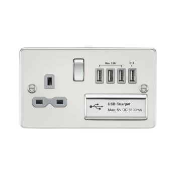 Flat plate 13A switched socket with quad USB charger - polished chrome with grey insert - Knightsbridge