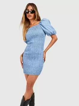 Boohoo Shirred Puff Sleeve Bodycon Mini Dress - Blue Size 6, Women