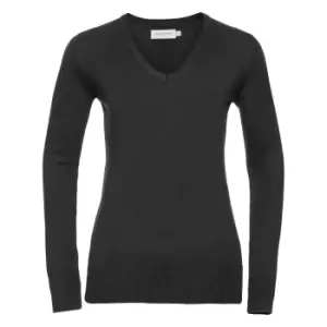 Russell Collection Ladies/Womens V-Neck Knitted Pullover Sweatshirt (L) (Black)
