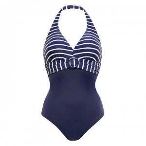 Figleaves Tailor Stripe Underwired Halter Swimsuit - Navy/white