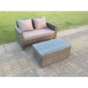Fimous - Dark Mixed Grey High Back Rattan Garden Furniture 2 Seater Love Seat Sofa With Oblong Coffee Table