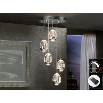 Schuller Roc - Integrated LED 5 Light Dimmable Crystal Cluster Drop Ceiling Pendant with Remote Control Chrome