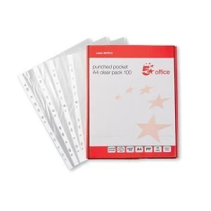 5 Star Office A4 Punched Pocket Polypropylene Top Opening 40 Micron Embossed Pack of 100