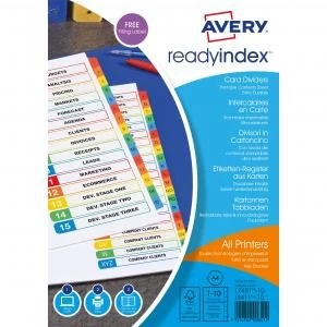 Original Avery ReadyIndex A4 Dividers Card with Coloured Contents Sheet Matching Mylar Tabs