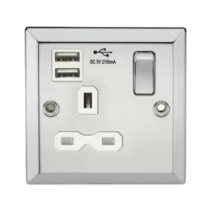 Knightsbridge - 13A 1G Switched Socket Dual usb Charger Slots with White Insert - Bevelled Edge Polished Chrome